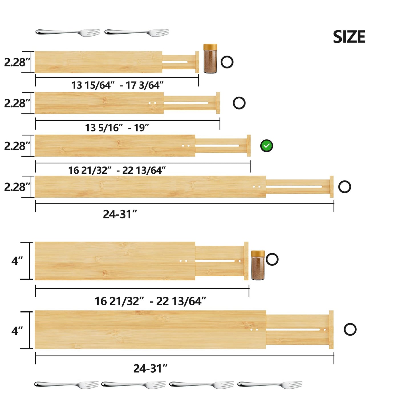 BAMEOS Drawer Dividers kitchen Organization Bamboo Utensil Organizers for Kitchen Bedroom Bathroom Dresser Office 4-pack