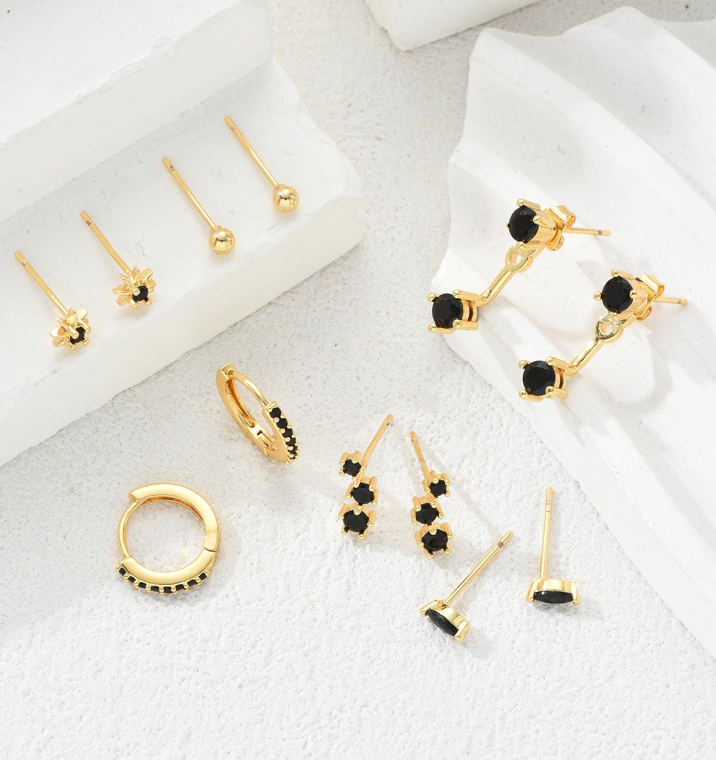Gold Stud Earrings for Women, 6 Pairs 14K Hypoallergenic Cartilage Earrings for Multiple Piercing, Dainty Small Stackable Hoop Ball Earrings Set (Black-CZ-6 Pairs)