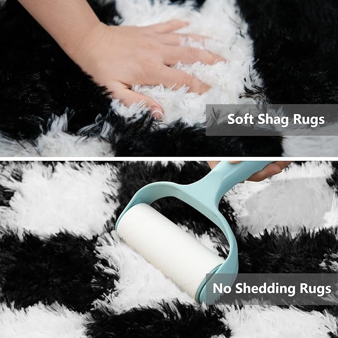 Area Rugs for Bedroom Living Room,5x8 Black and White Fluffy Soft Checkered Rug Fuzzy Shag Shaggy Carpet, Indoor Plush Floor Rugs for Kids Boys Girls Teen Dorm Nursery Home Decor