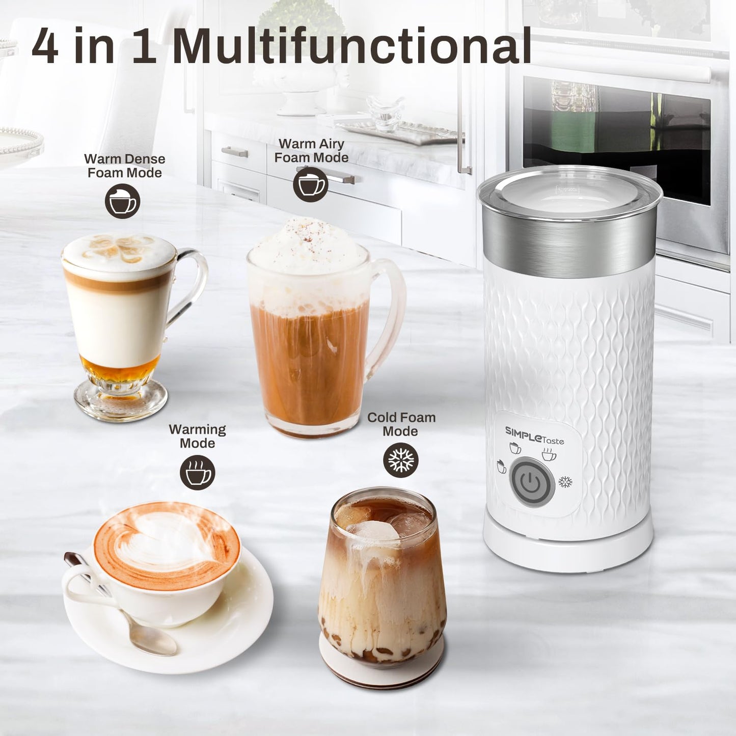 SIMPLETASTE Milk Frother, 4-in-1 Electric Milk Steamer, Automatic Warm and Cold Foam Maker and Milk Warmer for Latte, Cappuccinos, Macchiato, Hot Chocolate