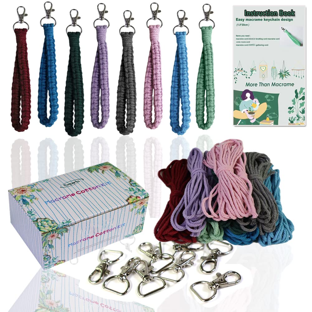 suo long Macrame Kits for Adults Beginner to Make 8 Macrame Keychain with 3mm Yarn Premeasured, Metal Key Ring,Instruction Book for Starter Adults DIY Craft Kit
