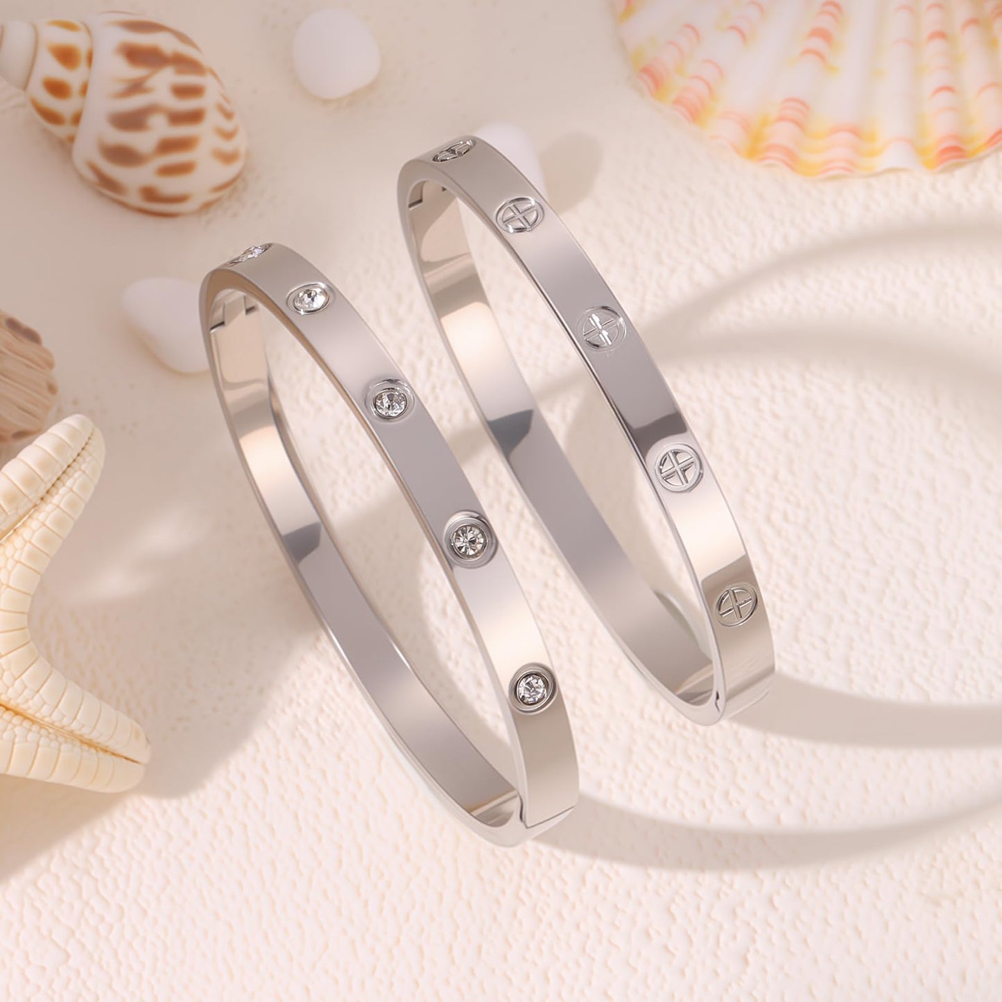 Camhanno 18K Gold Plated Stainless Steel Cuff Bracelet & Love Friendship Screw Bangle Bracelet Set for Women with Gift Box (2Pcs Silver Set Style 4)