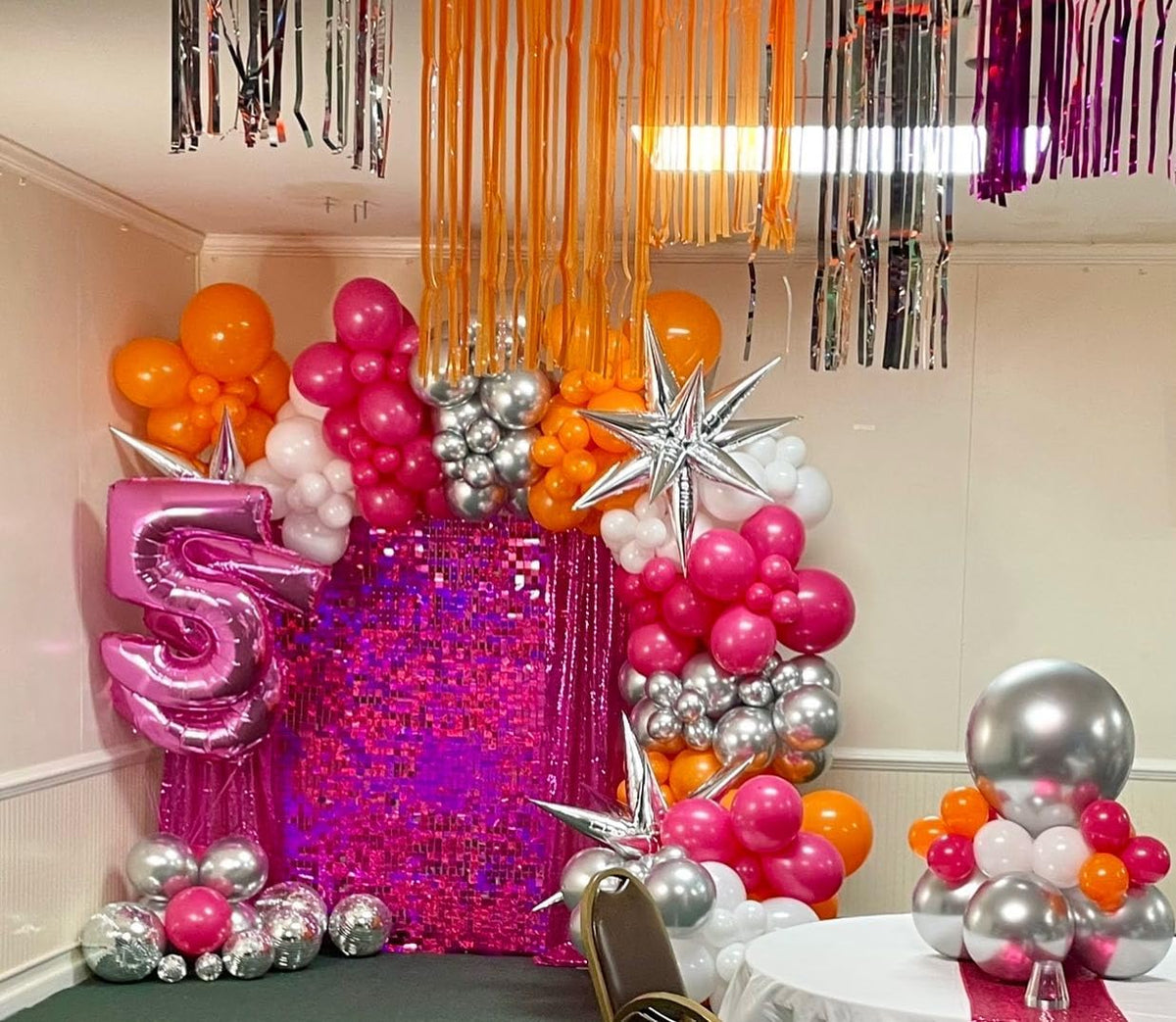Pink and Orange Balloon Arch Kit, 180Pcs Hot Pink Orange Metallic Silver Latex Balloon Garland kit, 18 12 10 5 Inch Different Size Balloons for Birthday Baby Shower Wedding Party Decorations