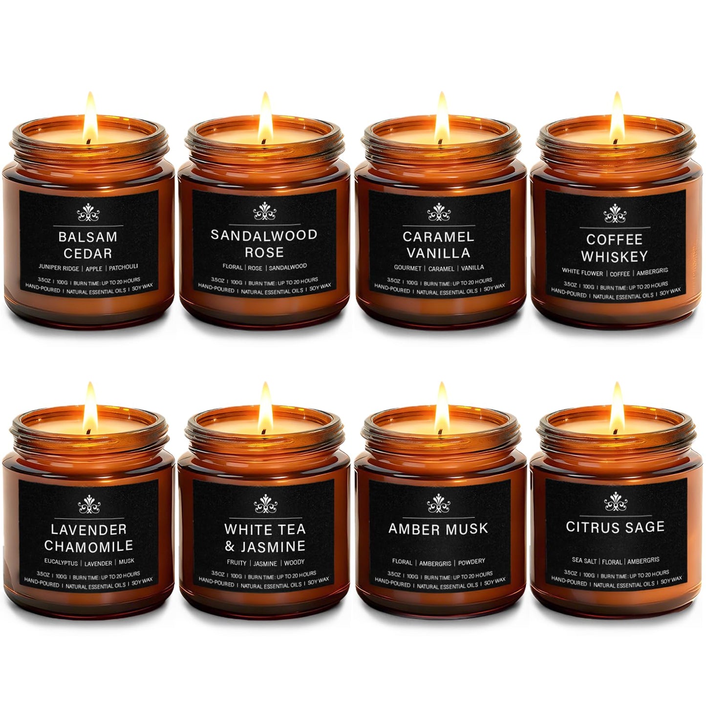 8 Pack Soy Wax Scented Candles Gift Set, Aromatherapy Candles with Lavender Chamomile, Citrus Sage, Caramel Vanilla, Coffee Whiskey, Long Lasting Stress Relief Candle, Unisex Home & Gift Set