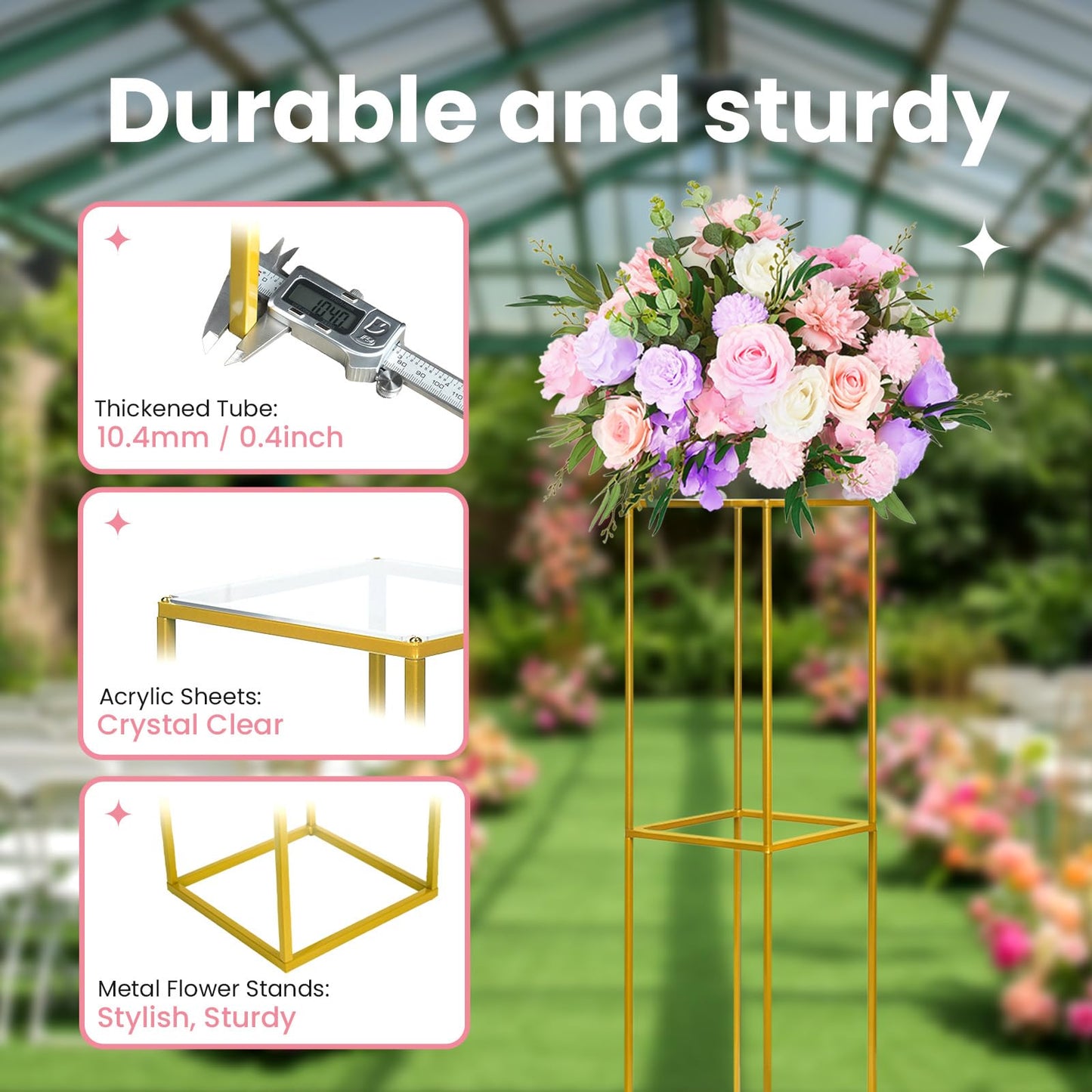 YALLOVE 2 Pcs 31.5 Inch Metal Flower Stand, Gold Centerpieces Vases Stand With Clear Acrylic Sheets, Geometric Display Rack for Wedding Party Decorations