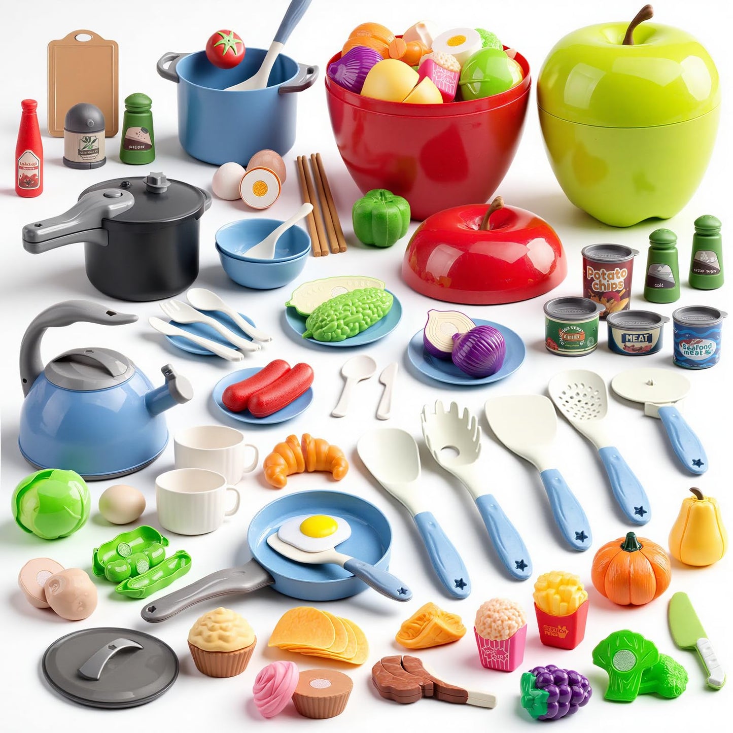 100Pcs Kitchen Playset, Kids Pretend Cooking Play Pots, Pans, Utensils, Cookware, Toy Food Fruits Veggies, with 2 Large Apple - Shaped Storage, Toddler Cooking Learning Gift (Blue