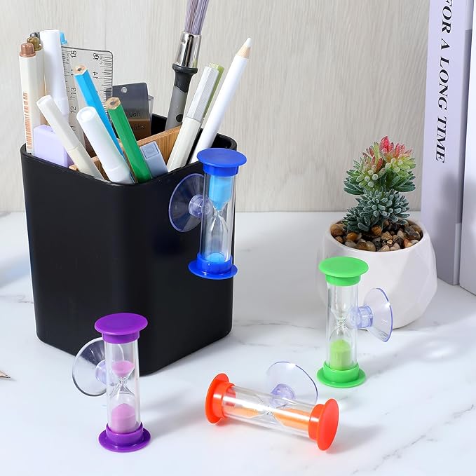 4Pcs Sand Timer Toothbrush Timer with Suction Cup, 3 Minutes Sand Timer Rotatable Hourglass Sandglass Sand Clock for Kids Toothbrush, Games, Classes, Cooking (Purple, Green, Orange, Blue)