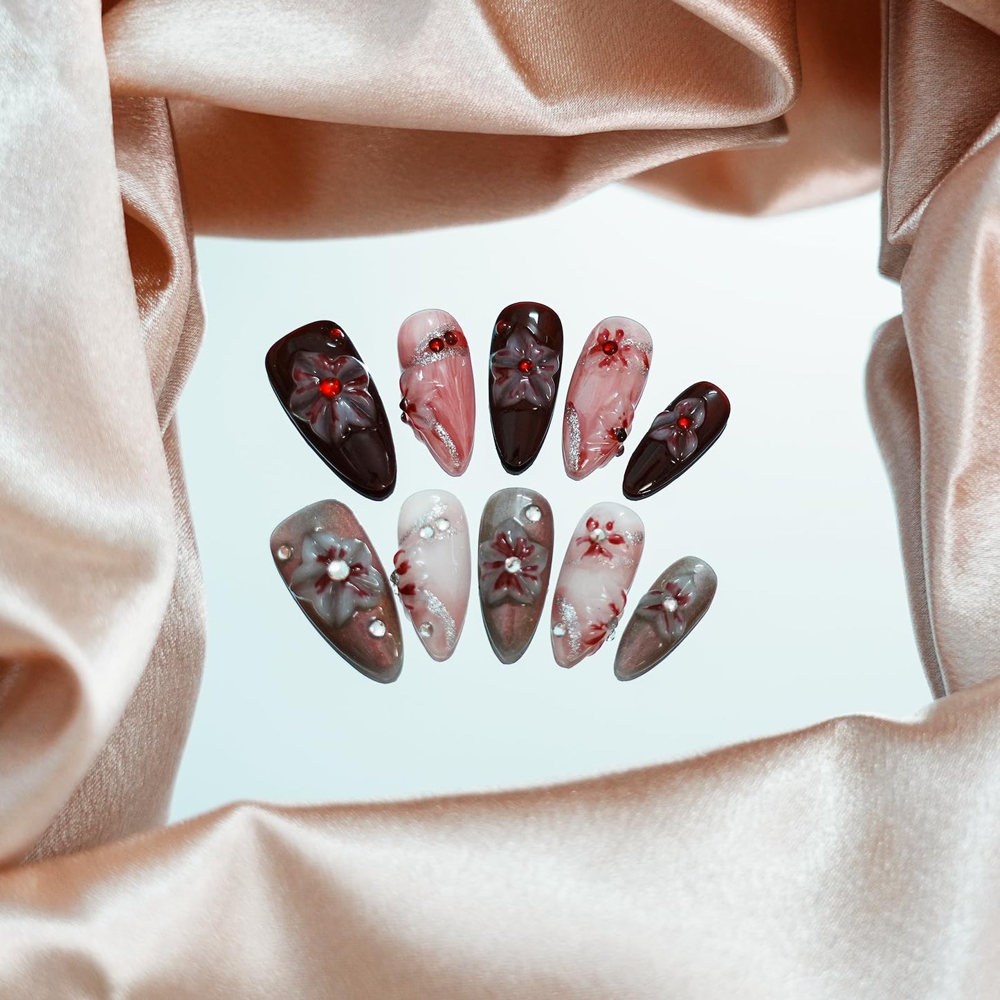 Tesytto Handmade Floral Press on Nails - Medium Almond 3D Embossed Rhinestones & Red Ombre, Thick Acrylic Gel Nails for Parties, Valentine's Day (Evil Flower,S)