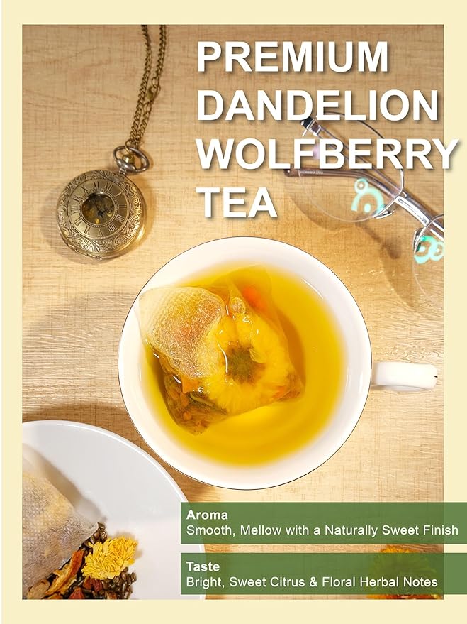 TeeLux Dandelion Wolfberry Tea, Blend with Chrysanthemum, Goji Berries, Cassia Seed, Licorice, Smooth & Mellow Flavor, Caffeine Free, 20 Count