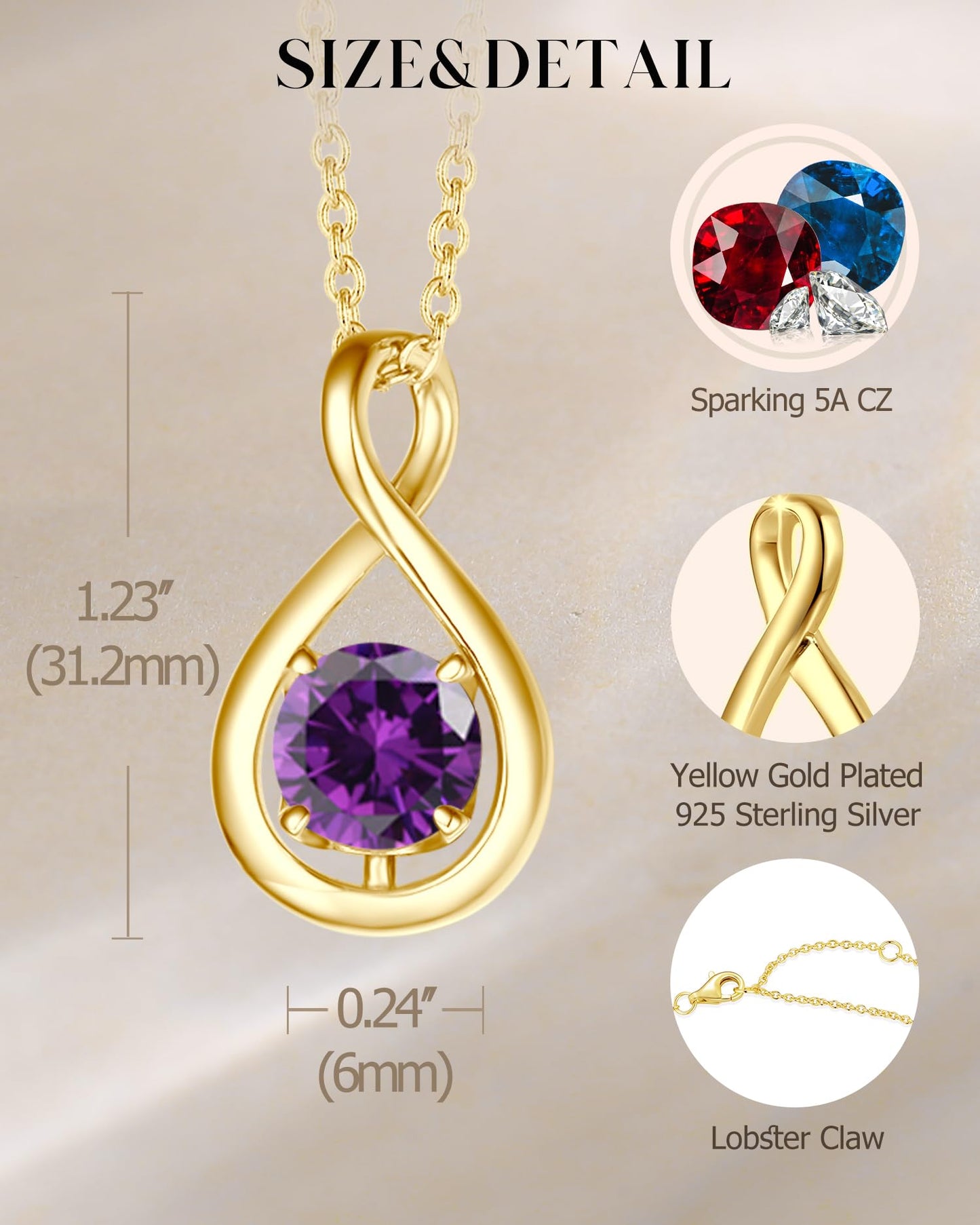 FANCIME Amethyst Necklace February Birthstone Necklace for Women Yellow Gold Plated Sterling Silver Infinity Pendant Purple Fine Jewelry Mothers Day Gifts for Mom Her Wife