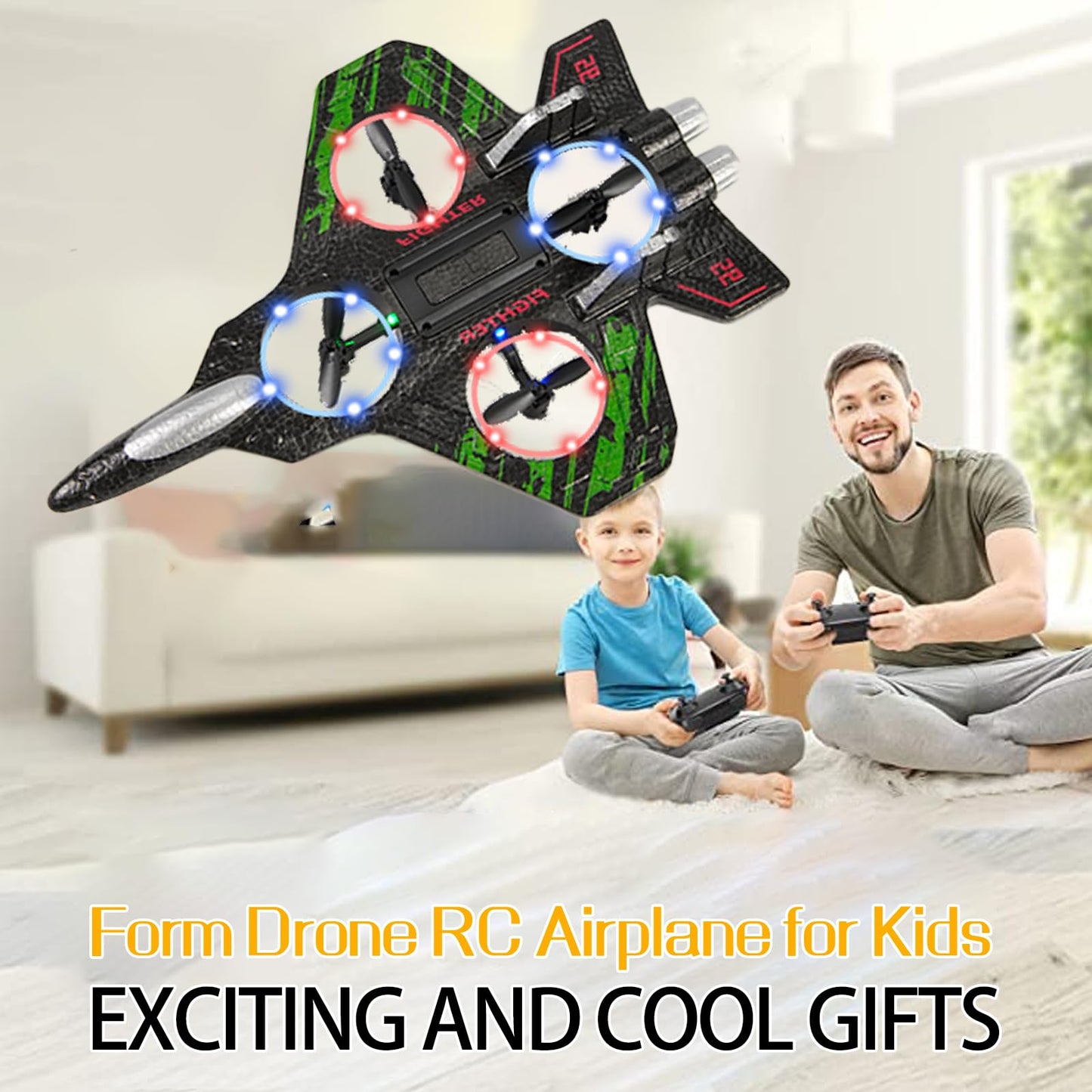 LEFEI Remote Control Drone for Kids,2.4Ghz Foam RC Airplanes Helicopter Quadcopter with Auto Hovering,360° Flip,Gravity Sensing,Stunt Roll,Cool Light,2 Battery,Gifts for 6-12 Kids Boys (Green)