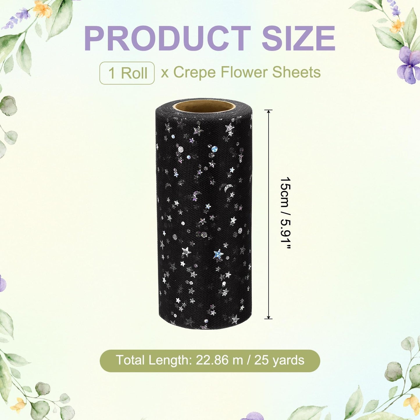DEFANEX Glitter Tulle Ribbon (6 Inch x 25 Yards) - Star Moon Pattern Wide Mesh Ribbon Sparkle Fabric Tulle Rolls, for DIY Tutu Skirt Bow Wedding Decor Gift Wrapping, Black