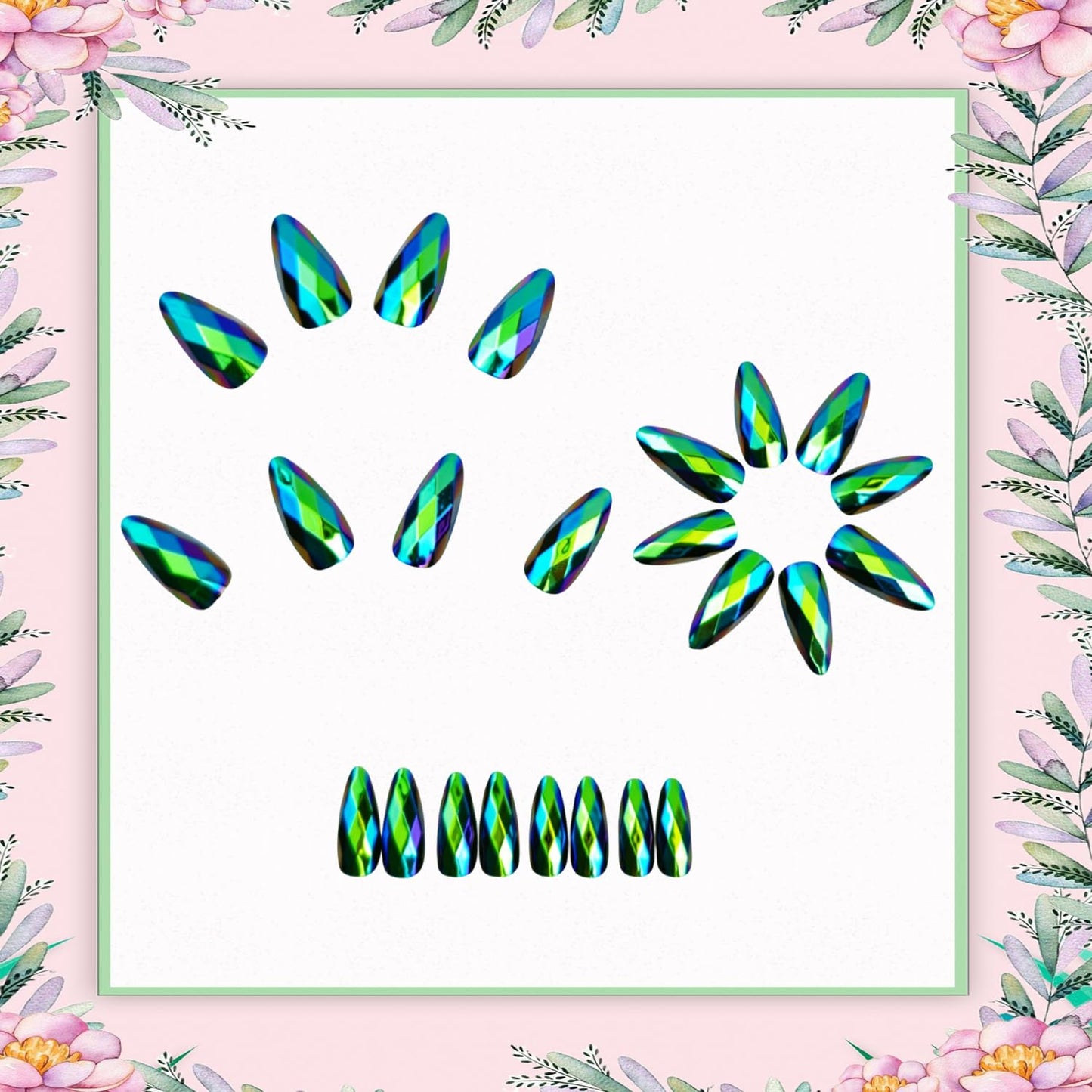 Green Press on Nails Medium Length Artificial Acrylic 3D Gradient Rainbow Diamond-Shaped Electroplating Fake Nails Almond Chrome Full Cover Glossy Press Ons Artificial Fingernails for Women Manicure