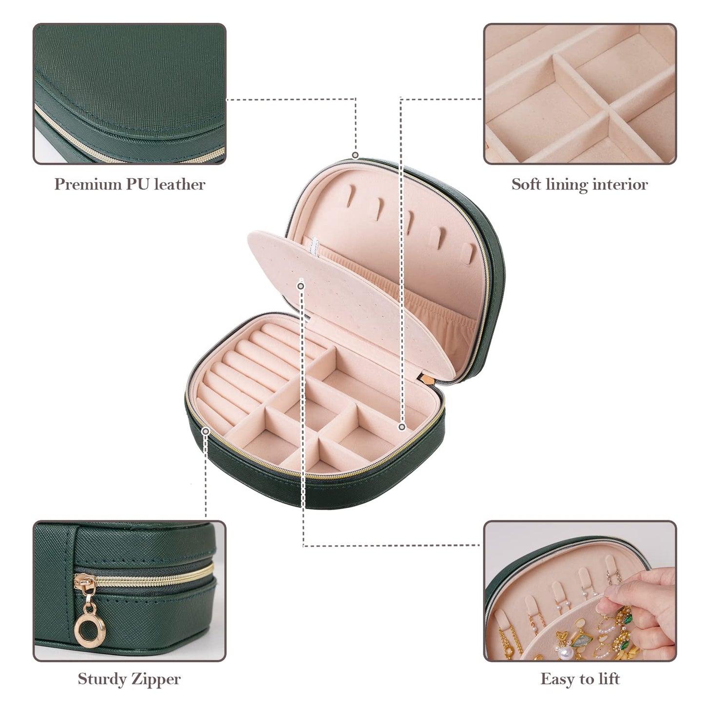 ProCase Travel Size Jewelry Box, Medium Portable Seashell-Shaped Jewelry Case, 2 Layer Jewelry Organizer in PU Leather for Women -Emerald