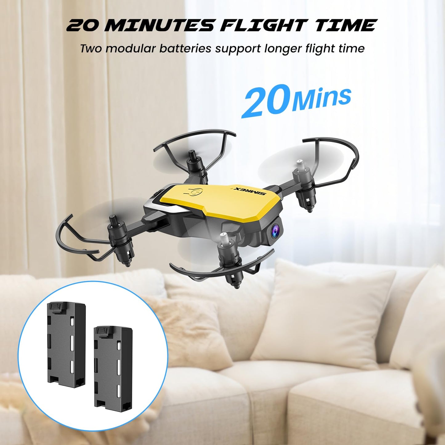 SIMREX X300C Mini Drone with Camera 720P HD FPV, RC Quadcopter Foldable Drone With Altitude Hold, 3D Flip, Headless Mode, Gravity Control and 2 Batteries, Gifts for Kids, Adults, Beginner, Yellow