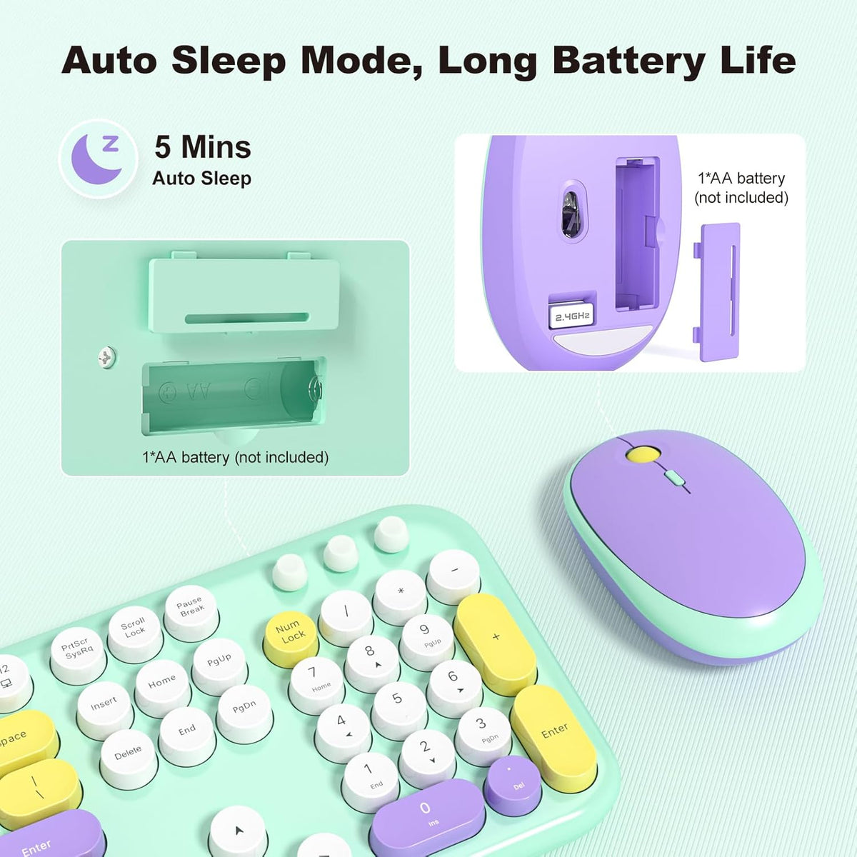 KNOWSQT Wireless Keyboard and Mouse Combo - Lovely Tiffany Blue Rainbow Full-Sized Typewriter Colorful Keyboards, Round Keycap Plug Play Retro Cute Keyboards for Windows, Laptop, PC, Desktop, Computer
