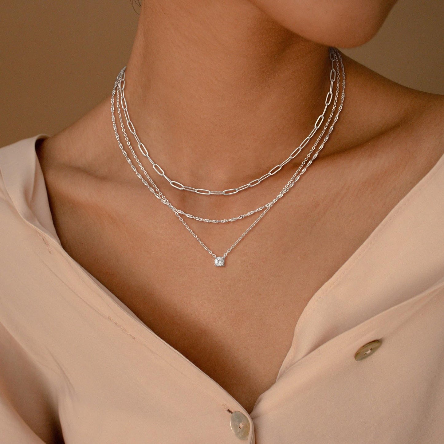 CHESKY Layered Necklaces for Women Trendy, Silver Plated Dainty Stacked Necklace Simple CZ Diamond Pendant Necklaces Waterproof Silver Necklace Stack Adjustable Cute Jewelry Set for Women