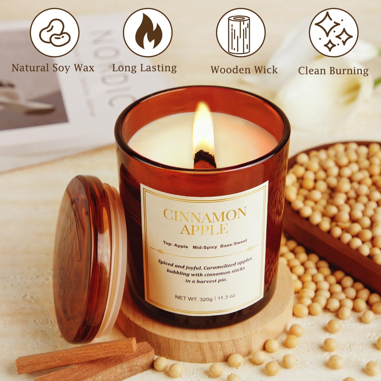 Scented Candles for Home,2 Pack Wood Wick Cinnamon Apple Scented Candles,Long Lasting Natural Soy Wax Candles with Gift Boxes,Cozy Aromatherapy Candle for Home Decor