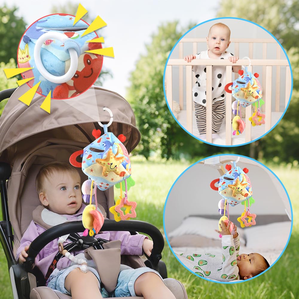 Caterbee Baby Sensory Tissue Box Toy with Hanging Hook – Pull Out Fabric Tissues, Rattle & Teether, Montessori Stroller & Car Seat Toy for Infants (Ocean)