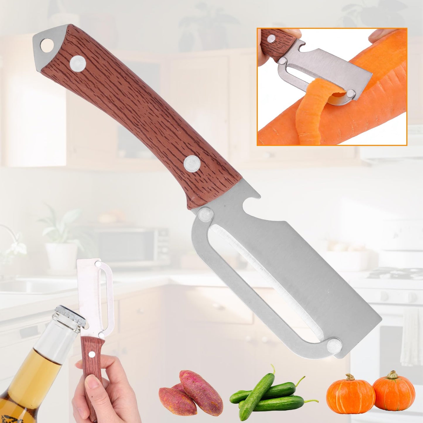 2pcs Multi-Functional Vegetable Peeler with Ergonomic Handle, Stainless Steel Thick & Thin Skin Fruit Peeler with Bottle Opener, Not for Left-Handed Users, Practical Kitchen Tool for Apple Potato