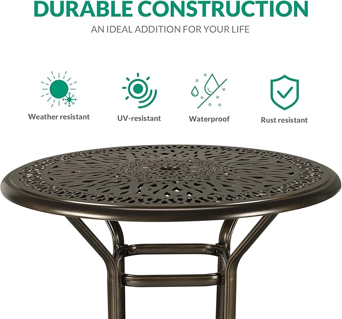VIVIJASON 3-Piece Patio Swivel Bar Stools Set, All Weather Cast Aluminum Outdoor Bar Height Bistro Set with 2 Cushioned Bar Chairs & 35.4" High Bar Table w/Umbrella Hole for Backyard, Lawn, Garden