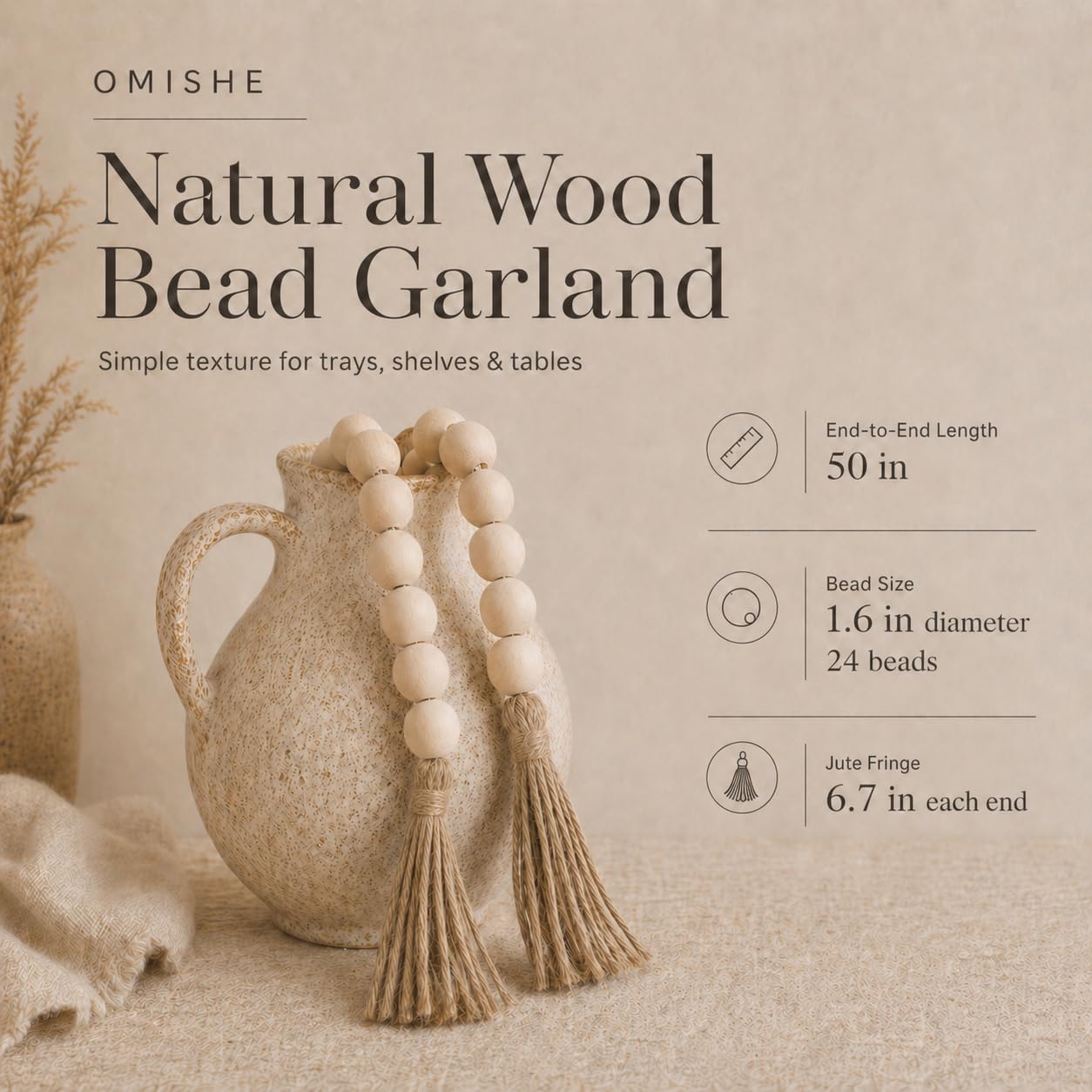 OMISHE 50" Long Extra Large Wood Bead Garland with 1.6" Diameter Wooden Beads and Tassels, Rustic Farmhouse Country Decorative Beads for Home Decor Tiered Tray Decor, Natural Beige