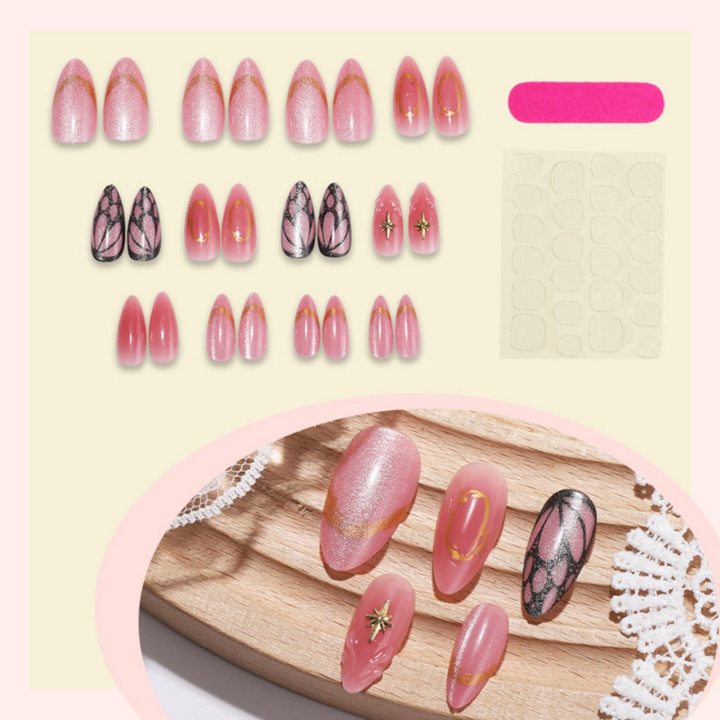 Almond Press on Nails Long Fake Nails Pink Acrylic Nail Press ons SEENEEY Gold Charm and Butterfly Designs Cute Stick on Nail for Women 24pcs