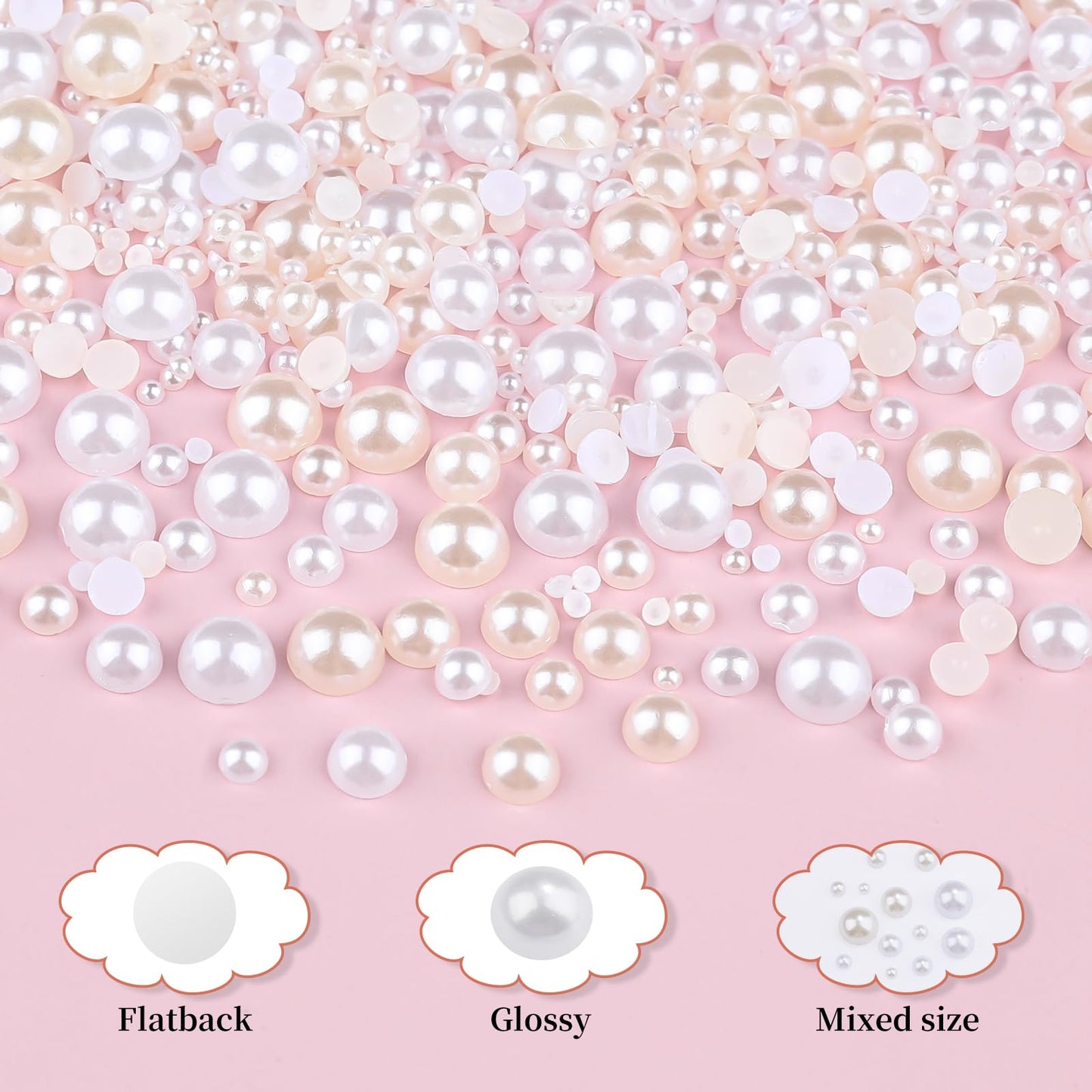 2100Pcs Flatback Nail Pearls Gems, 1.5-5mm White Beige Beads Half Round Nail Charms Beads with Pickup Pencil and Tweezers for Crafting Face Hair Manicure (11-K1-half-pearls-beige-white)