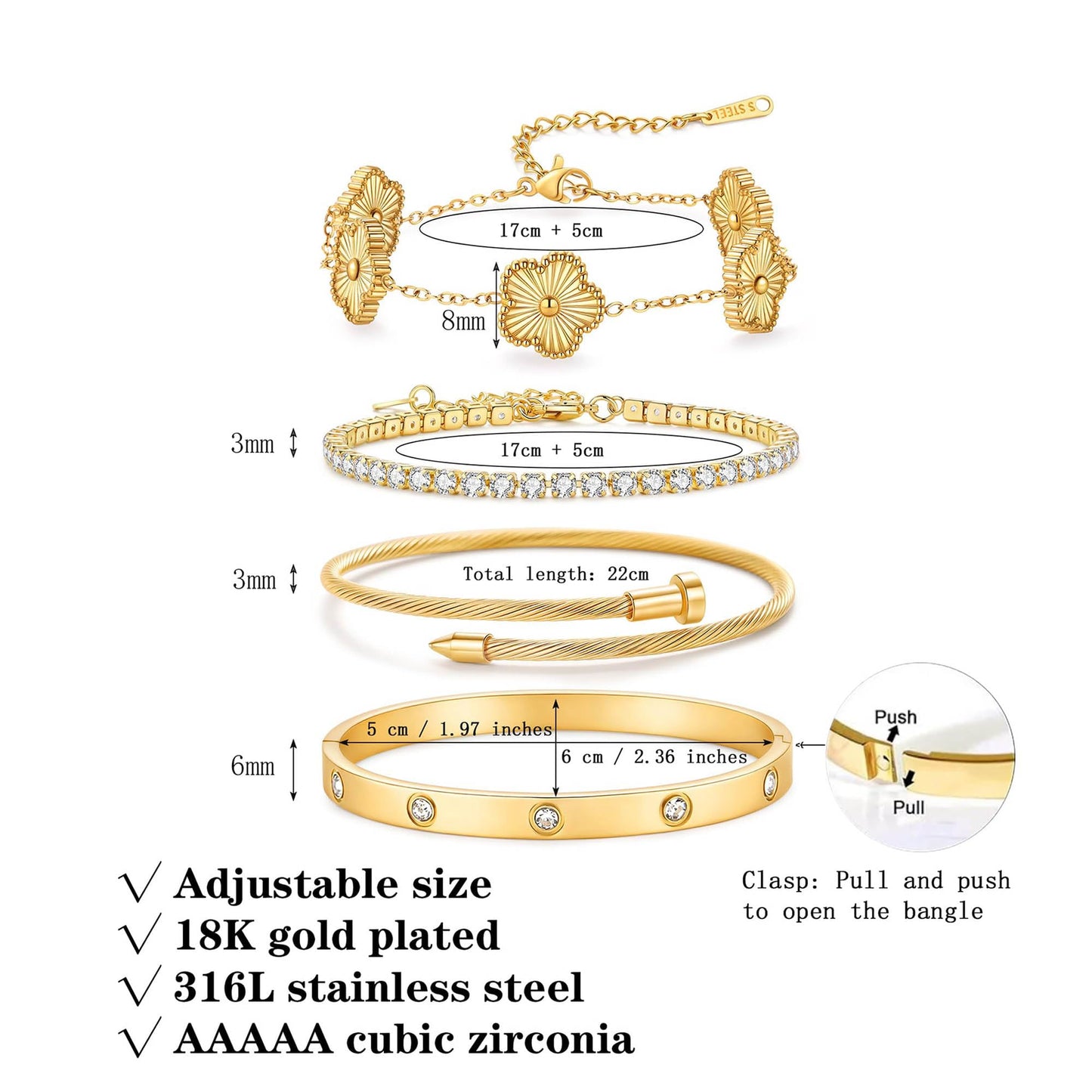 ISELBDR 18K Gold Bracelets for Women - Stackable Clover & Nail Love Bangle Set - Non-Tarnish Stainless Steel Jewelry for Valentine's, Mother's Day & Christmas (Gold-1)
