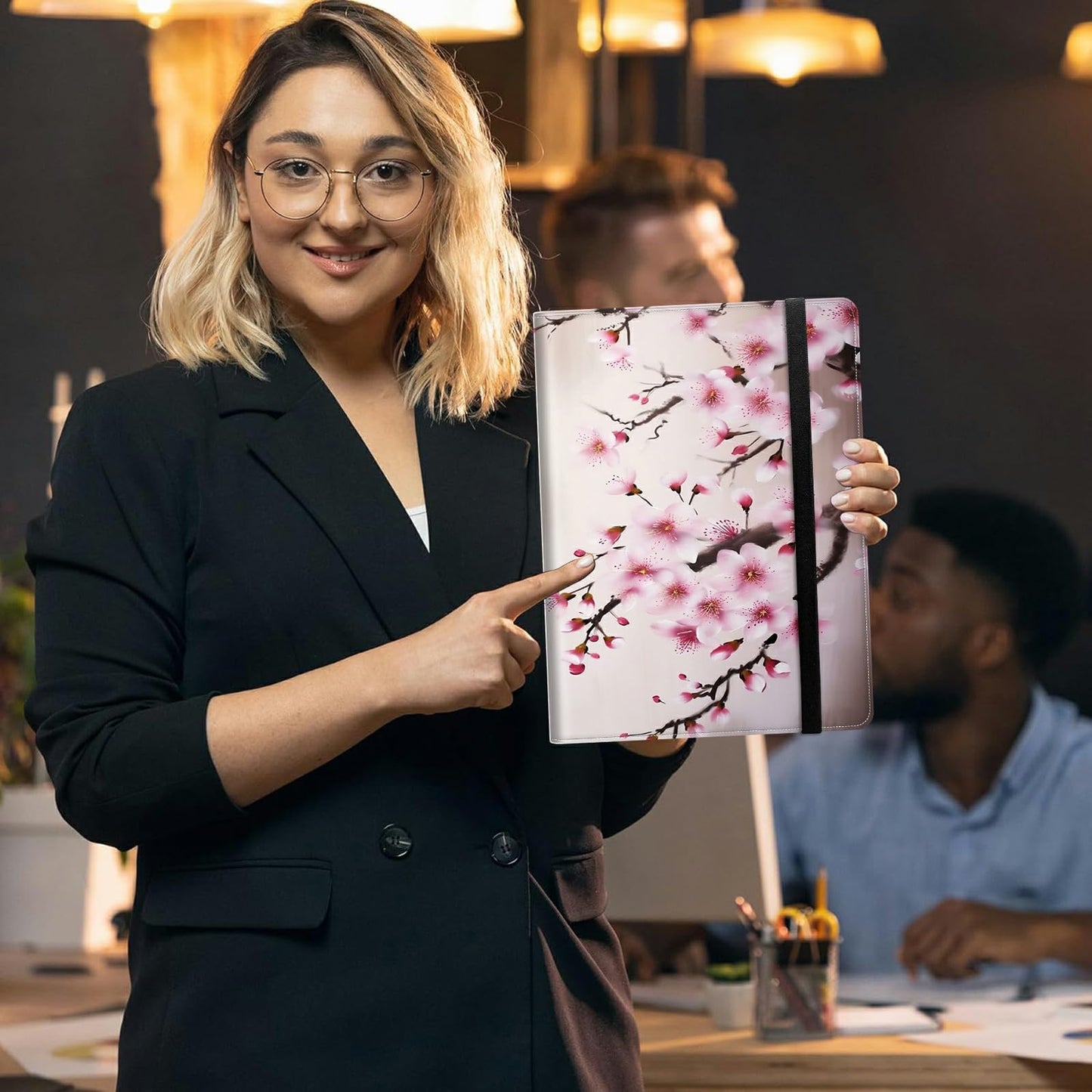 DIGTIALL Padfolio Folder with Clipboard,Portfolios Organizer Clipboards with Storage Clipboard Writing Pad PU Leather Conference Document Organizer with Business Card Holder,Cherry Blossom