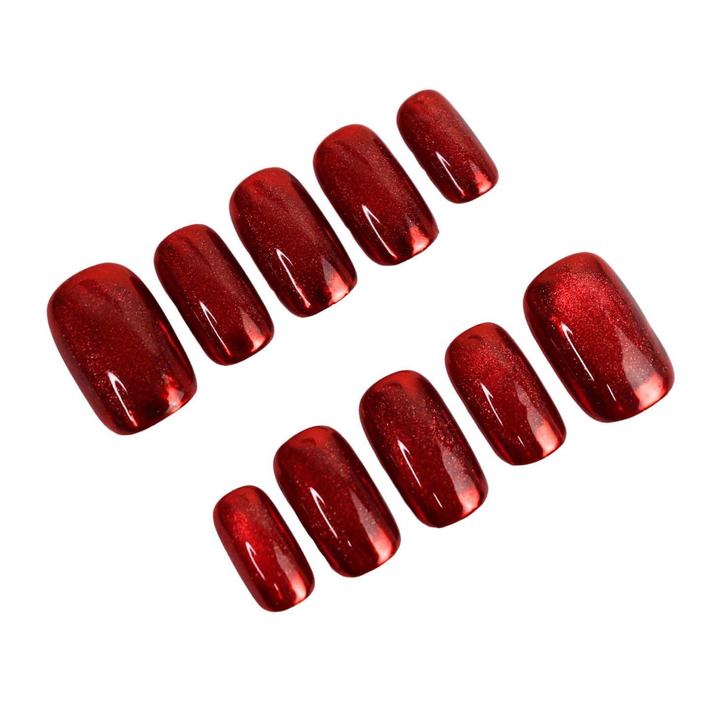 Handmade Medium Squoval Magnetic Cat Eye Press-On Nails | Chrome Finish (Gold, Ruby Red or Silver) | Reusable Glossy Gel Look (Red Mirror Cat Ehye, M Medium Squoval)