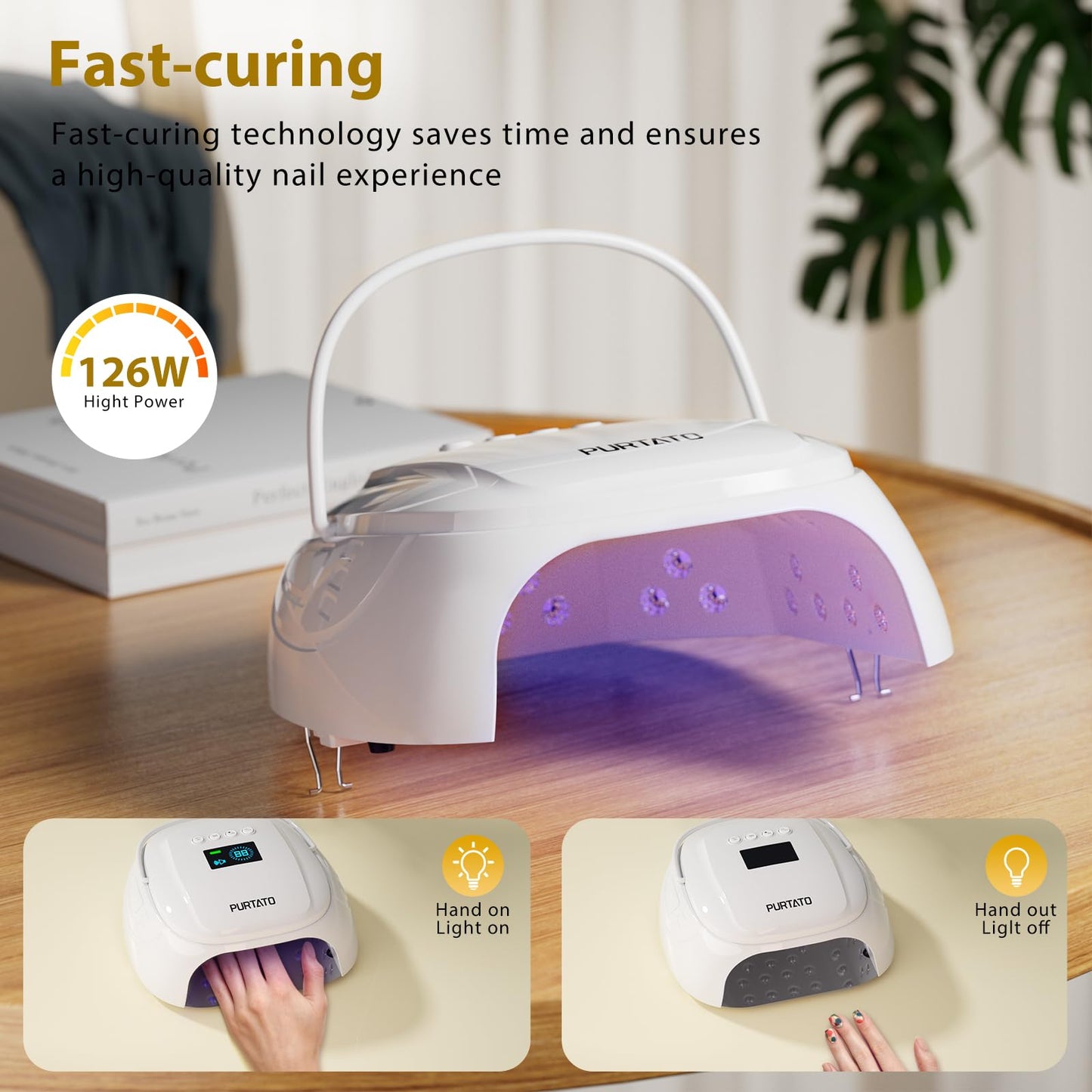 Purtato 126W Cordless Rechargeable UV LED Nail Lamp with Large Space, Handle and Foot Rest, Fast Curing Gel Nail Dryer with 4 Timers for Salon and Home (White)