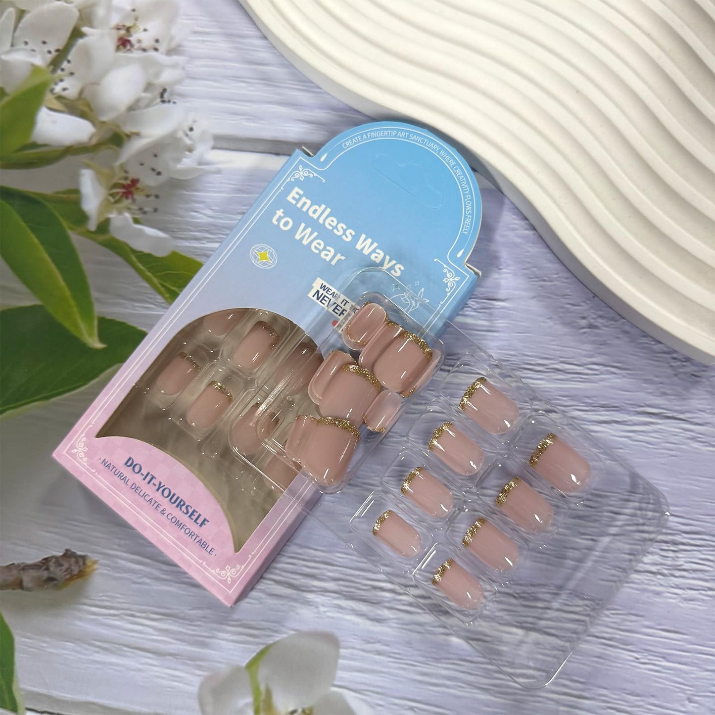 Gold Glitter French Tip Press On Nails Short Square Fake Nails Translucent Nude Glossy False Nails Natural Reusable Stick On Nails for Women, 24Pcs Extra Short Salon Quality French Manicure