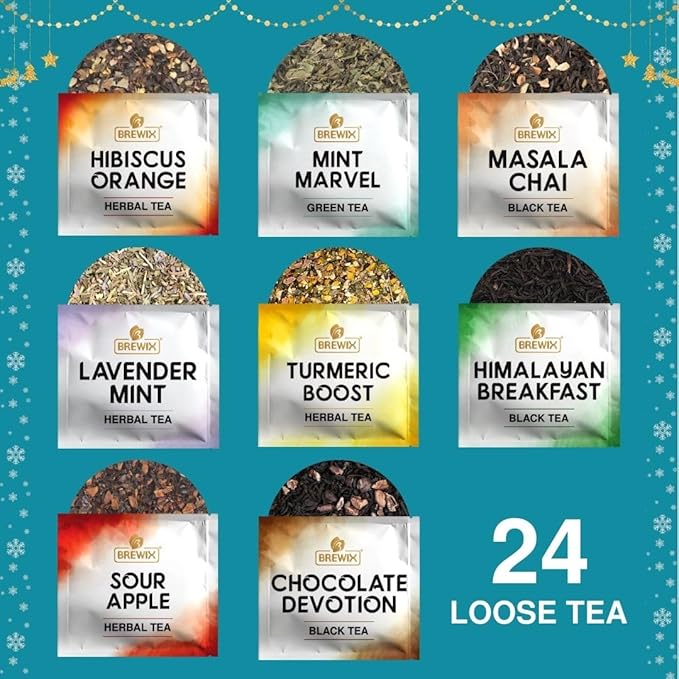 BREWIX, Tea Advent Calendar 2025 | 24 Delightful Black & Green Loose Leaf Teas - Holiday Gift Box | Christmas Advent Calendar 2025 for Adults | Gift Idea for Tea Lovers, Christmas Countdown Set | Holiday Variety Sampler for Tea Lovers