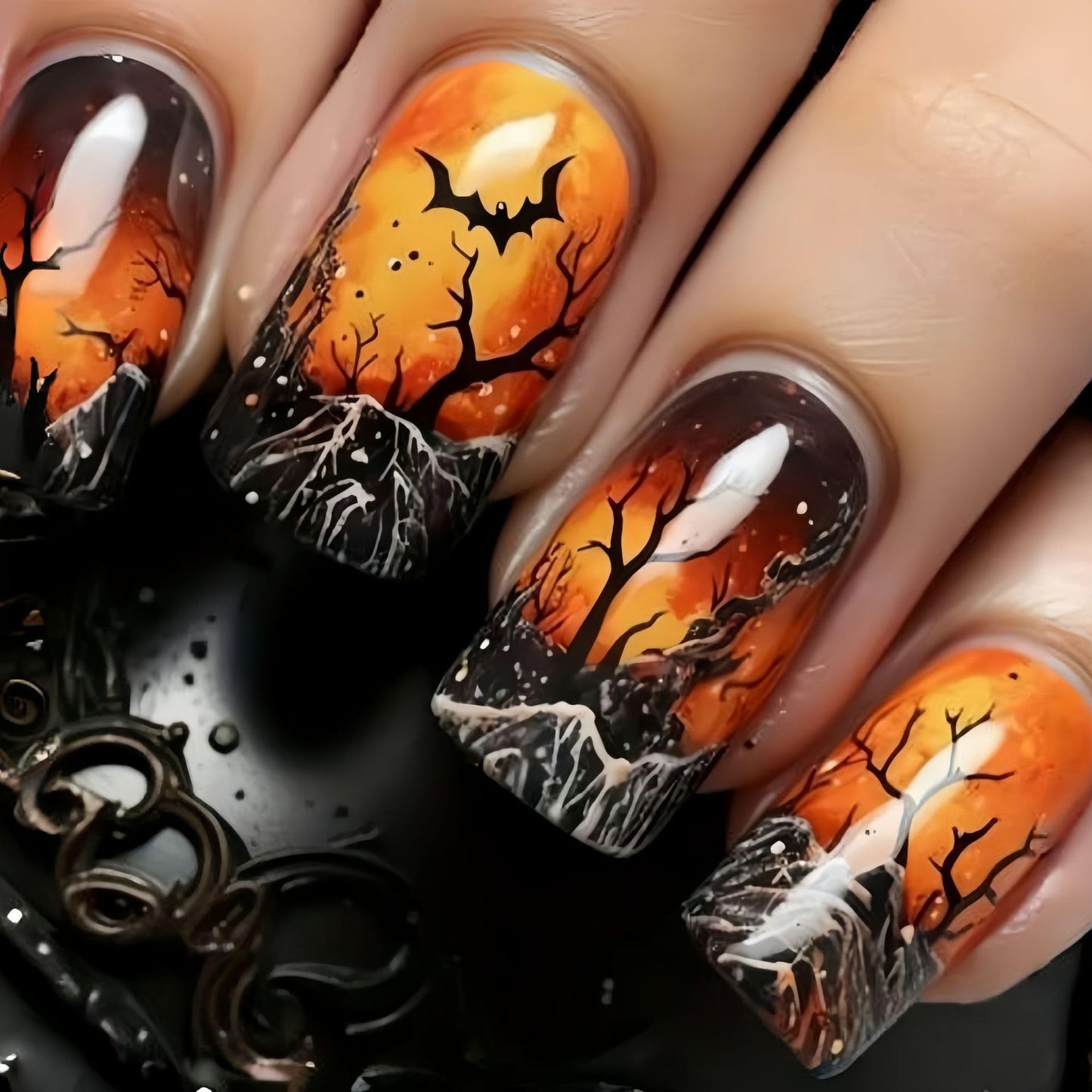 144 Pcs Halloween Press on Nails Short Medium Square Fake Nails 12 Size Ghost Pumpkin Matte Stick on Nail 6 Style Cute Halloween False Nails with Skull Acrylis Nails for Women(not include tooltik)