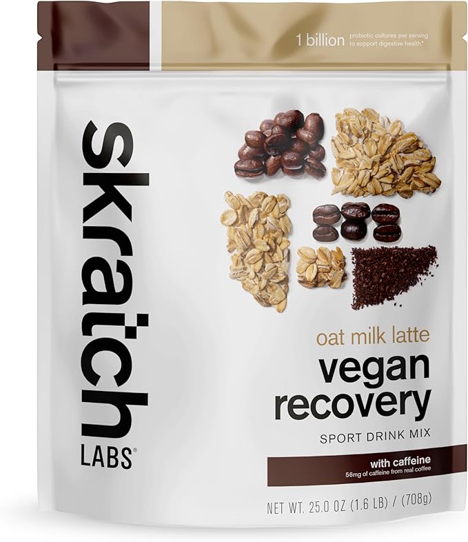 Skratch Labs Recovery Drink Mix - Vegan Oat Milk Latte - Post Workout Powder - Complete Plant Protein and Probiotics - 56mg of Caffeine from Coffee - 12 Servings - Gluten Free, Kosher, Non-GMO