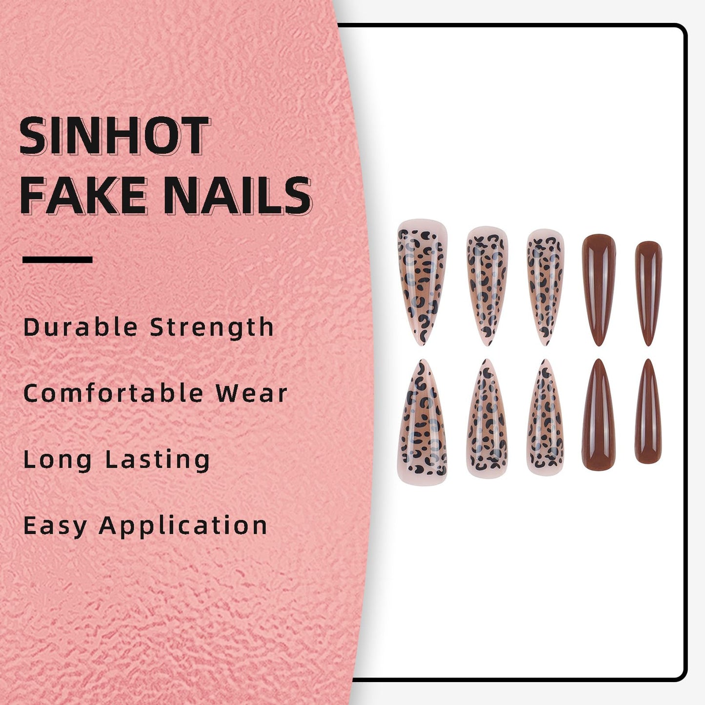 SINHOT Stiletto Press on Nails - Long Fake Nails, Glossy Finish, Brown Ombre & Leoprad Pattern, DIY Artificial False Nail Art - 24 Pcs Nail Kit with Glue