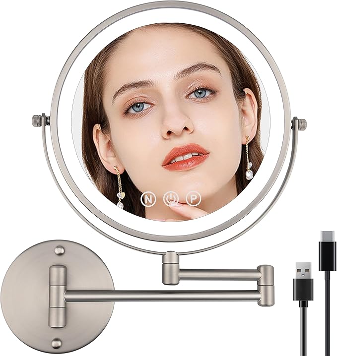 9" Wall Mounted Lighted Makeup Mirror with Magnification, 1X/10X Magnifying Mirror with Light, 3 Color LED 2000mAh Rechargeable Light Up Magnifying Nickel Extendable