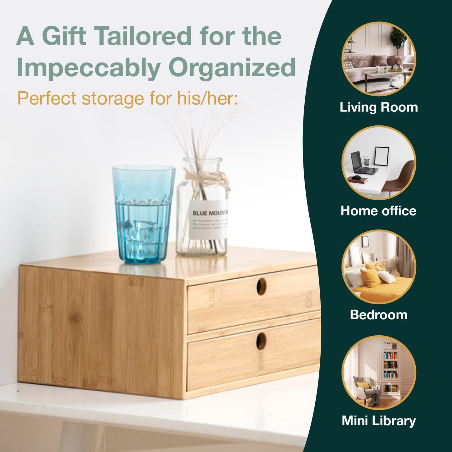 Modular Stackable Set of 3 Bamboo Organizer Desktop Drawers - 1, 2, 3 = 6 Drawers Total Storage Organizer for Desk Accessories, Office Supplies, Makeup Storage - Tabletop Wood Box Stackable Drawers