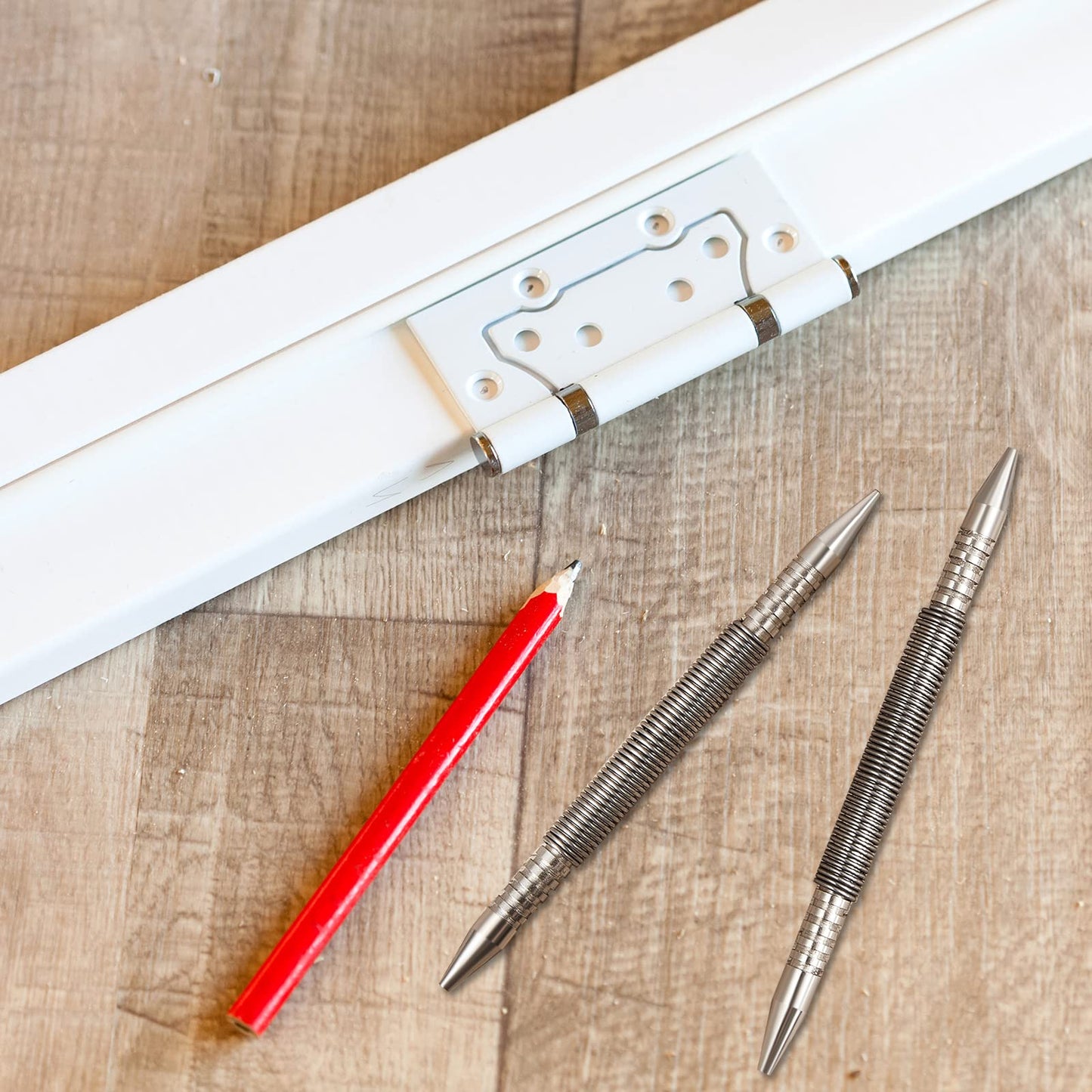 Moxweyeni 2 Pieces Spring Loaded Nail Set Spring Nail Punch Hammerless Trim Combination Tool Kit 1/32, 2/32, 3/32, 4/32 Inch Tools for Carpentry 3500 Psi of Impact Striking Force