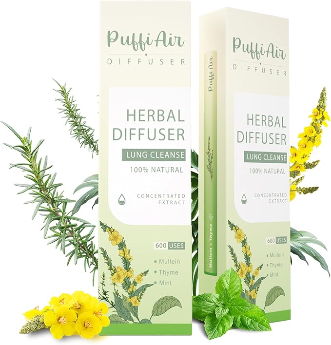 Herbal Diffuser Upgraded with Extracts of Mullein, Thyme and Mint for Cleansing Lungs, Improving Breathing and Oral Air Freshening - 2 Sticks 1Pack