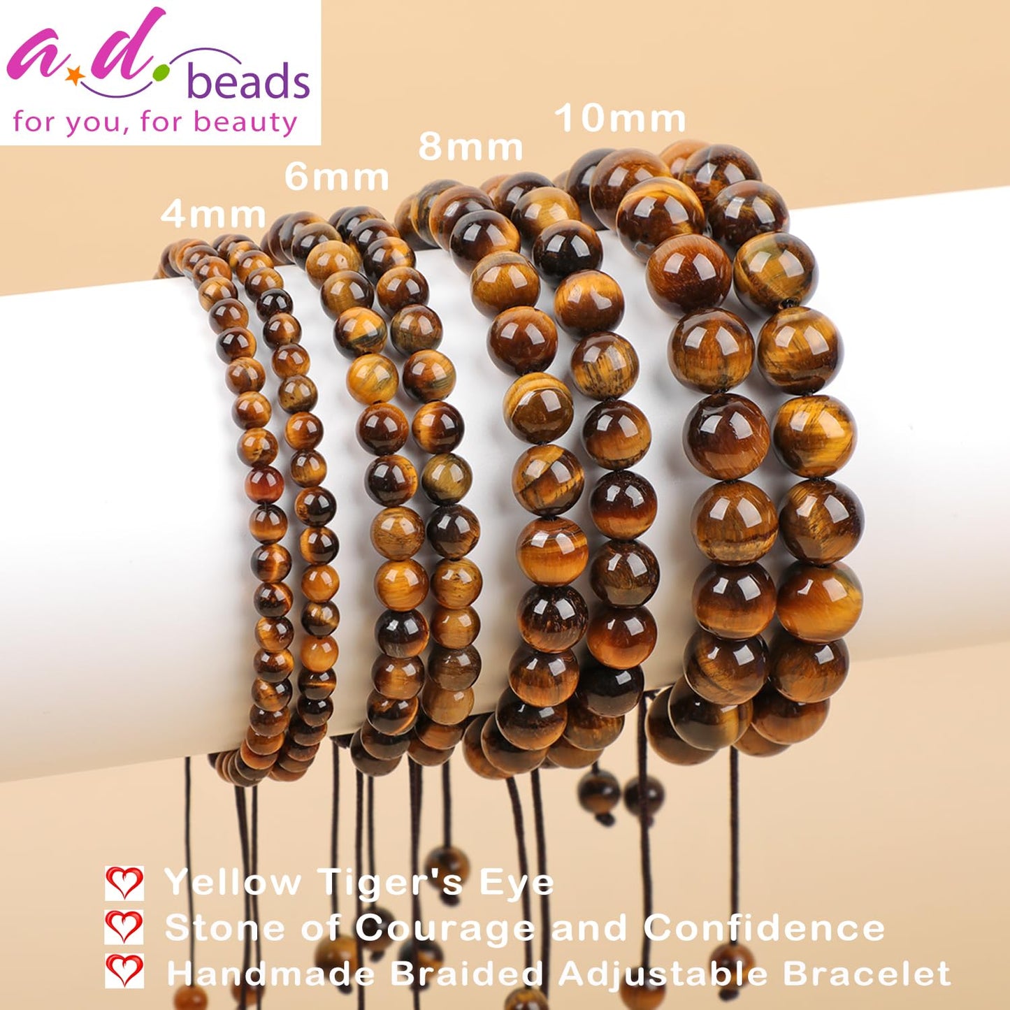 AD Beads 4mm Yellow Tiger's Eye - Courage and Confidence - Handmade Natural Stone Crystal Bracelet with Adjustable Macrame String - Yoga Healing Power Energy Gifts for Men and Women