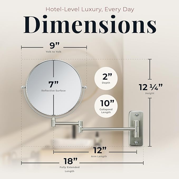 Zadro 7" Wall Mounted Wardrobe, Vanity Makeup Mirror with Magnification & Extending Arm (Large | 12.25" x 12" | 8X/1X, Satin Nickel)
