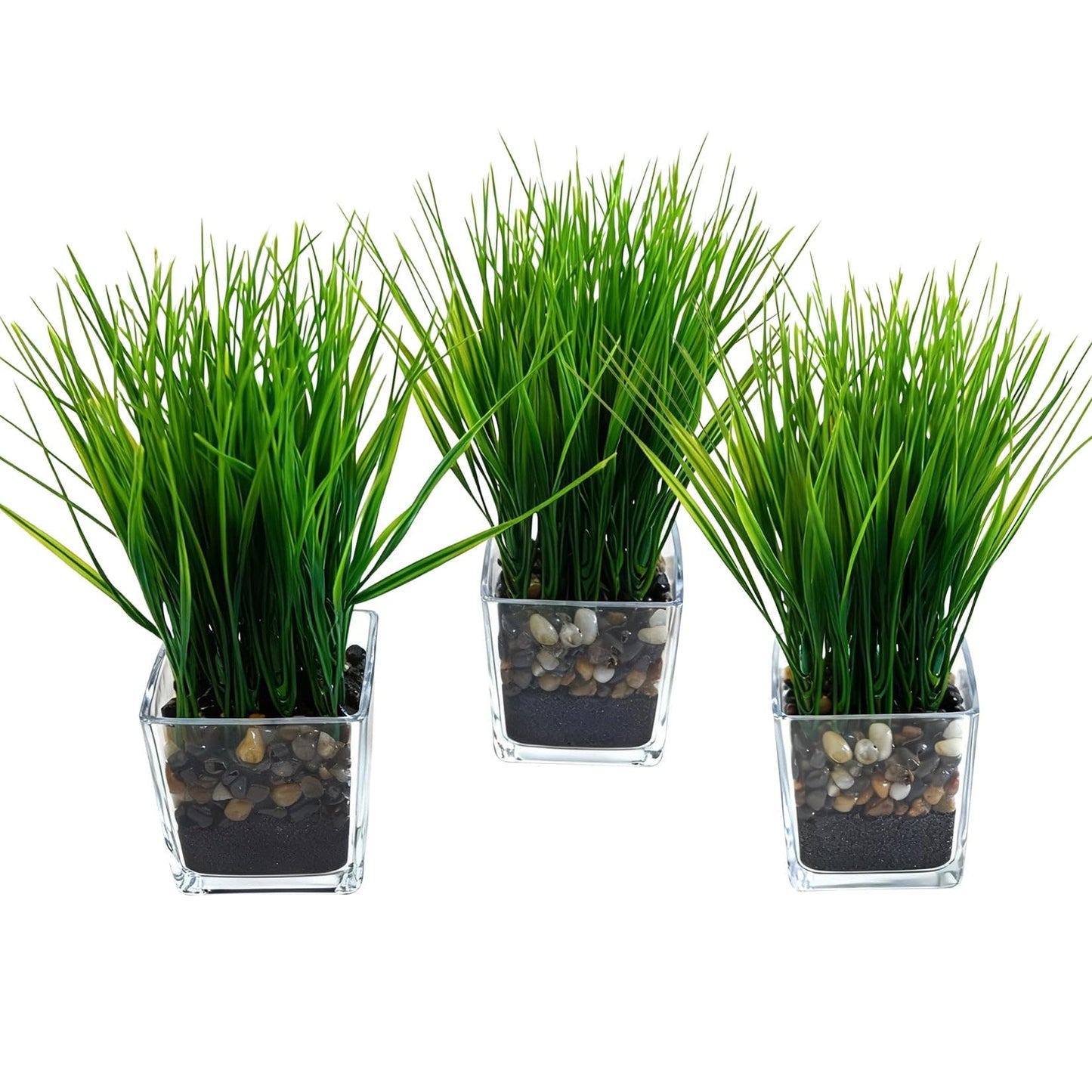 PeacefulHues 3-Pack Artificial Grass in Glass Planters, Small Faux Greenery for Desks, Shelves & Indoor Spaces, Modern Tabletop Decorative Plants (3×3×8.7 in)