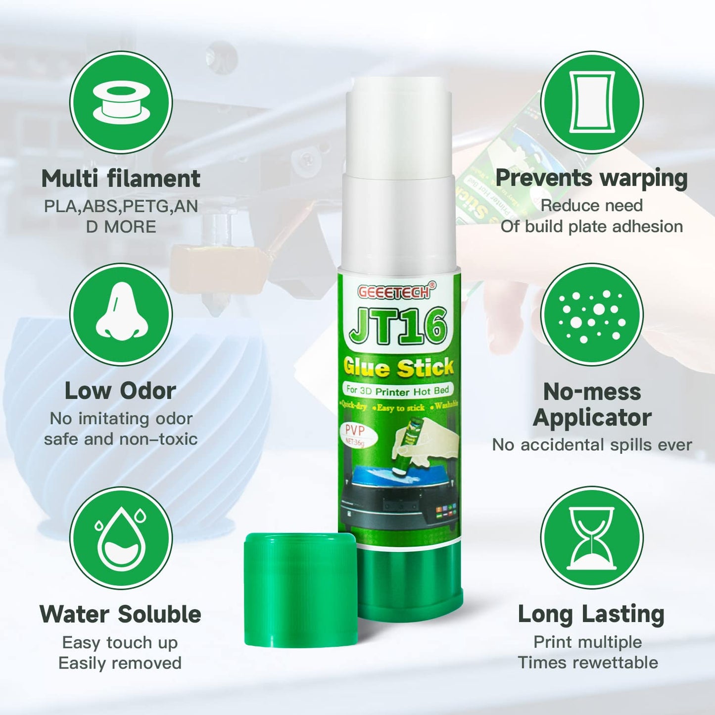 TEQStone 3D Printer Glue Stick 6 Pack, Perfect First Layer Adhesion, Prevents Warping on Heat Bed, Easy Release for ABS PLA PETG Filaments and Various Build Plate, 36g/1.27oz