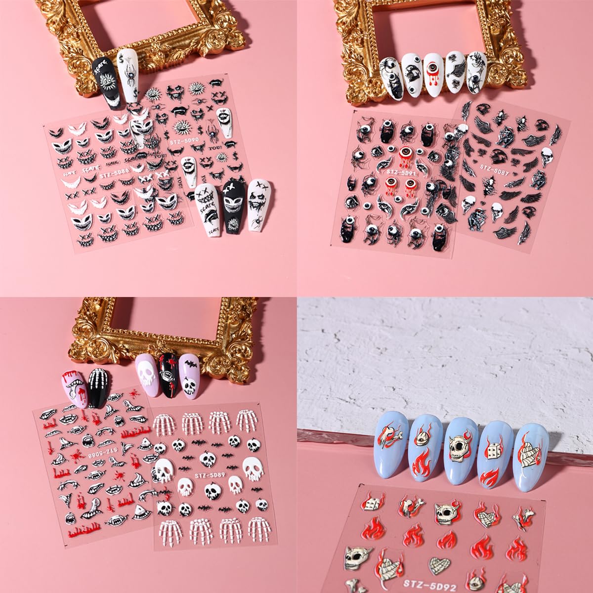 8 Sheets 5D Halloween Nail Stickers Horror Gothic Nail Decals Punk Nail Supplies Embossed Skull Clown Evil Eyes Lip Wing Bone Ghost Spider Web Halloween for Nail Art Stickers Women DIY Nail Decor