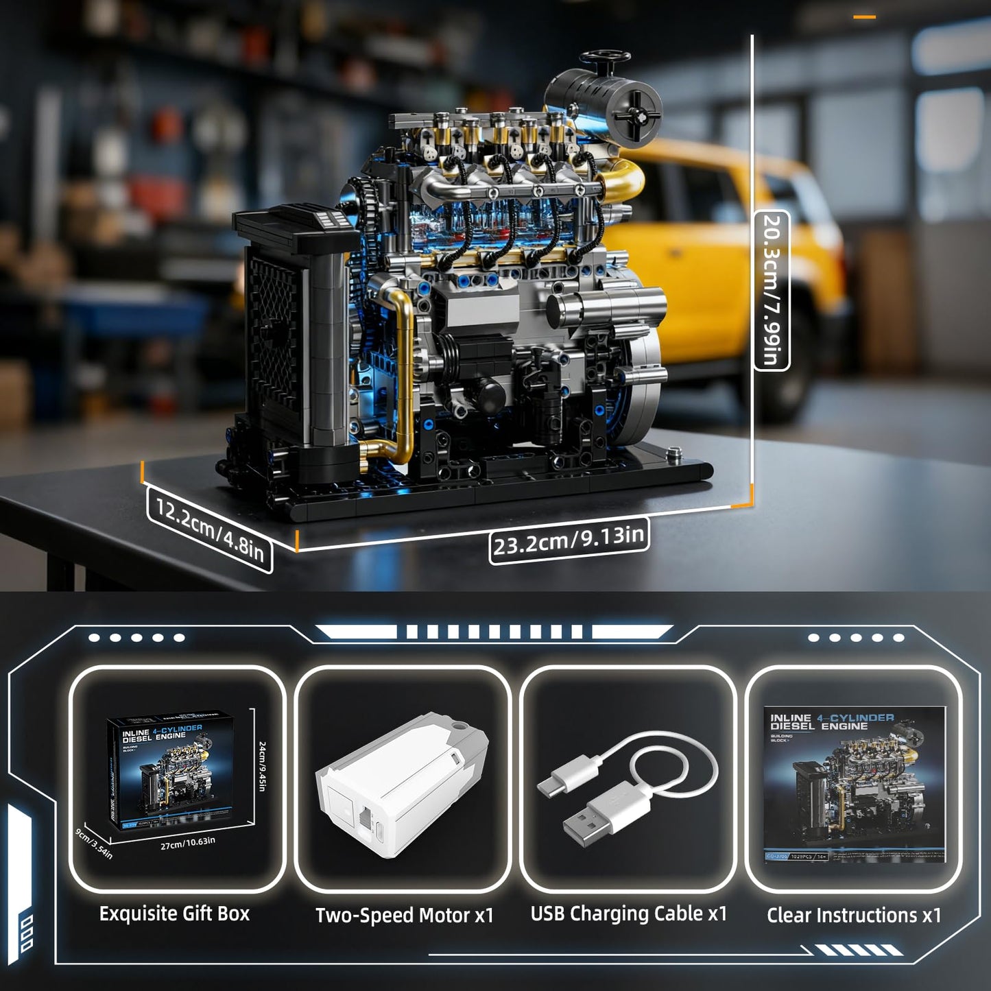 BseSparklion Diesel Engine Model Kit that Runs for Adults, MOC Mini Inline 4-Cylinder Diesel Engine Building Set with Motor, Compatible with Lego, Mechanical Engineering STEM Toy for Teens (1029 PCS)