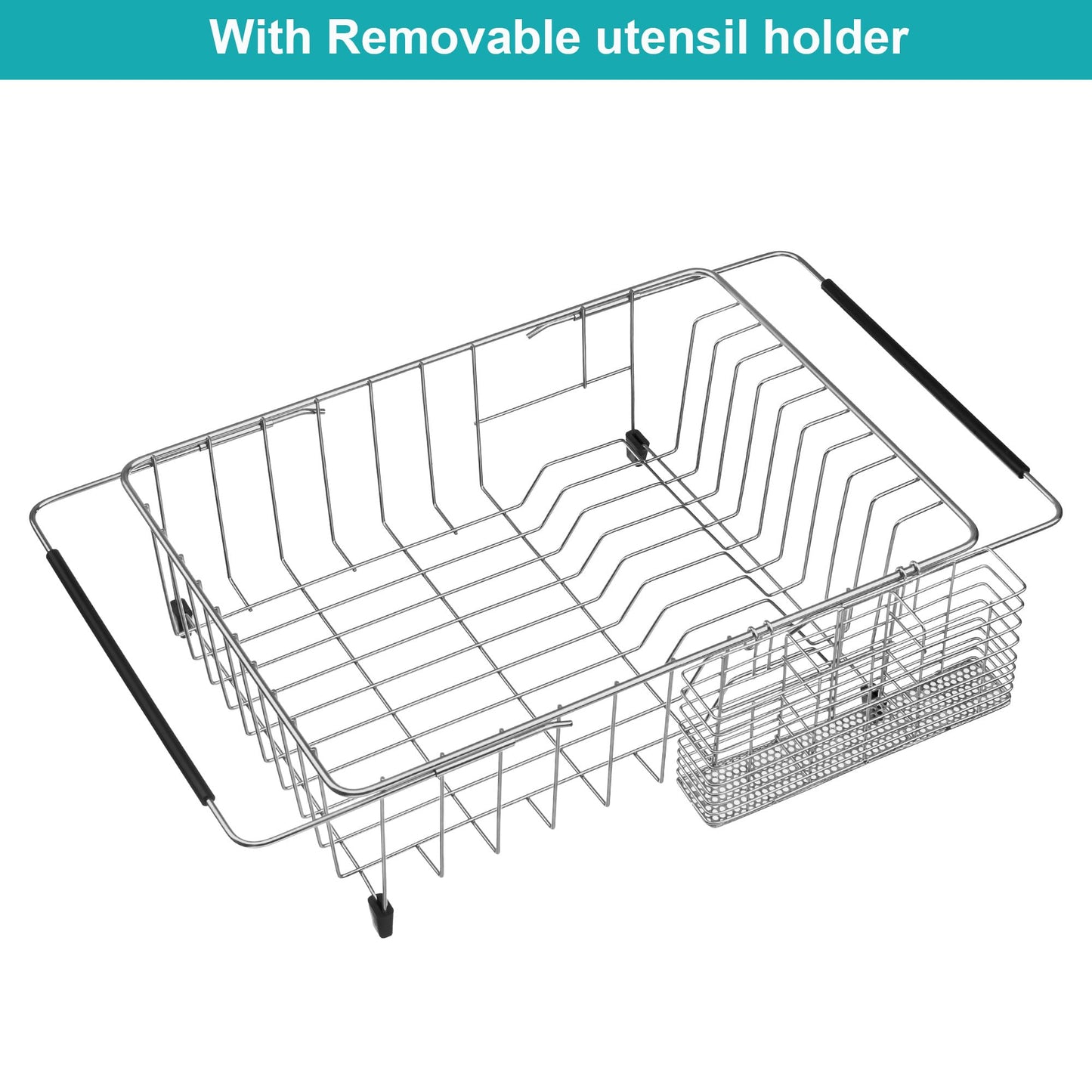 iPEGTOP Expandable Dish Drying Rack Over Sink, Rustproof Stainless Steel Basket Shelf, Multifunctional Dish Drainer Organizer with Utensil Cutlery Holder