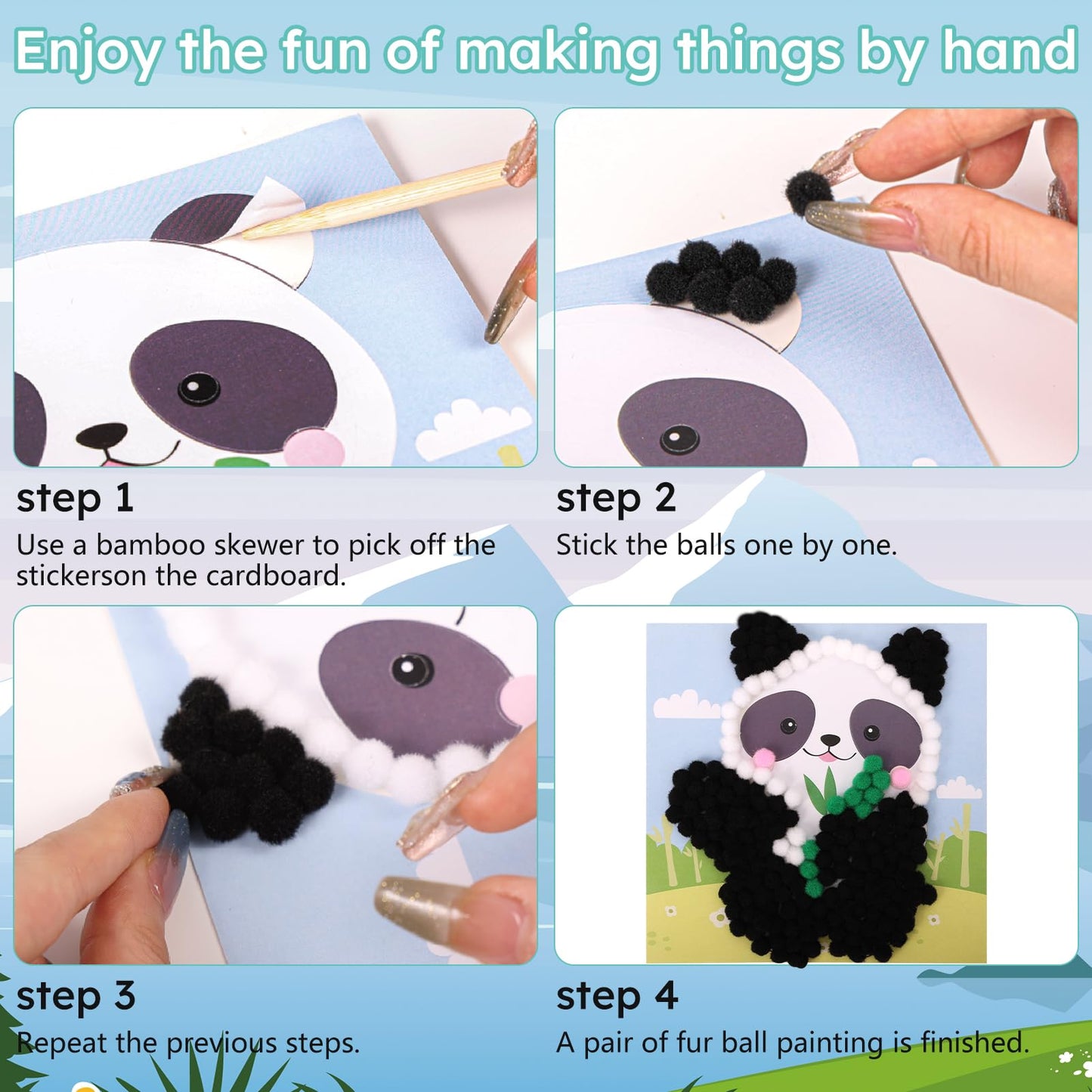 iCraftine Pom Poms Craft Kit for Building Fine Motor Skills & Hand-Eye Coordination, 6 Patterns Pompoms Arts & Crafts Sets for Kids Ages 5+