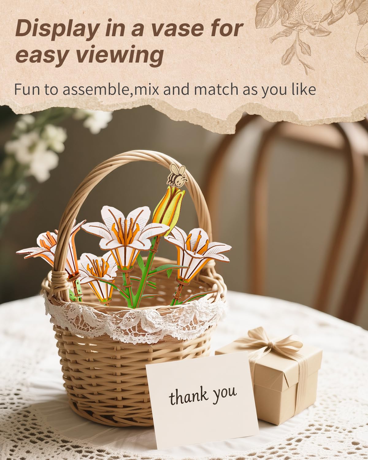 KAAYEE 3D Flower Wooden Puzzles for Adults, 70 PCS Wood Lily DIY Craft Kit Brain Teaser Creative Gift for Puzzle Lovers Home Decors Fake Flowers for Table, Desk, Office